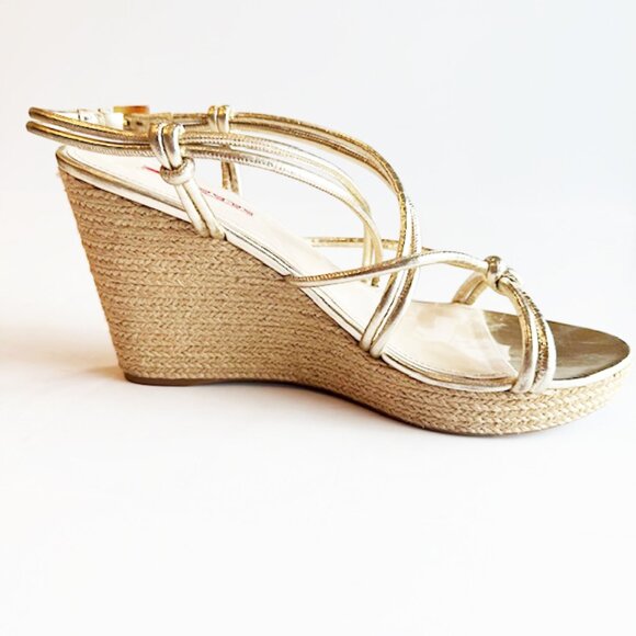 Prada Sport Gold Leather Platform Espadrille Wedge Sandals, Size 10.5 - Picture 1 of 8